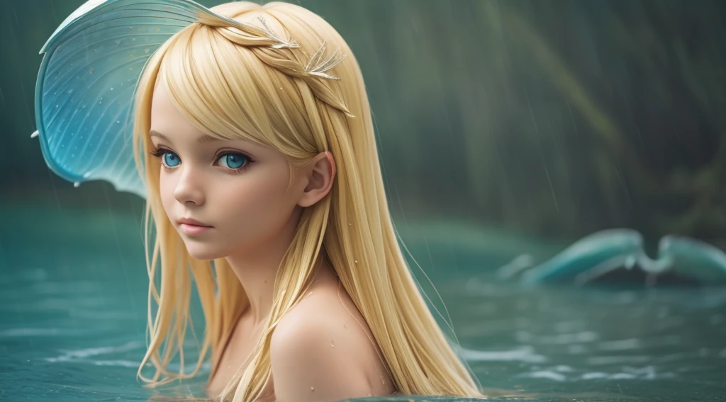 a BLONDE girl with a wet head, raining portrait, Mermaid Wings Mermaid