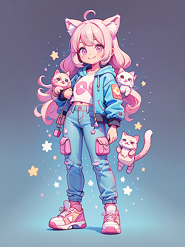 ((Highest quality,masterpiece,Extremely complex and exquisite details,A short girl with gray and blue cat ears and long hair is in the center,Gray blue super long straight hair,Curly hair at the ends,Sparse air bangs,Gray and pink T-shirt,Denim hooded cropped jacket,Black and gray long cargo pants,Standing on a super cute cat)),(pink and white sneakers,Smile slightly,Surrounded by tons of cute short-legged cats,Correct anatomy),Super Q super cute short full body portrait,Starry sky background vertical painting space scene