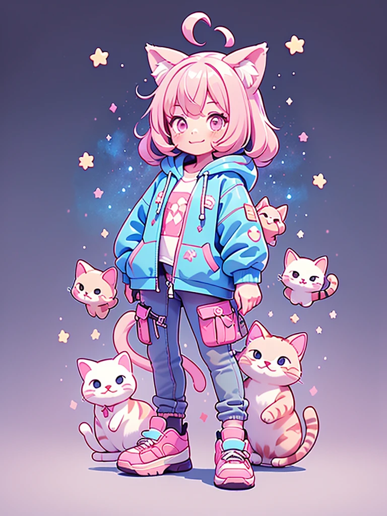 ((Highest quality,masterpiece,Extremely complex and exquisite details,A short girl with gray and blue cat ears and long hair is in the center,Gray blue super long straight hair,Curly hair at the ends,Sparse air bangs,Gray and pink T-shirt,Denim hooded cropped jacket,Black and gray long cargo pants,Standing on a super cute cat)),(pink and white sneakers,Smile slightly,Surrounded by tons of cute short-legged cats,Correct anatomy),Super Q super cute short full body portrait,Starry sky background vertical painting space scene