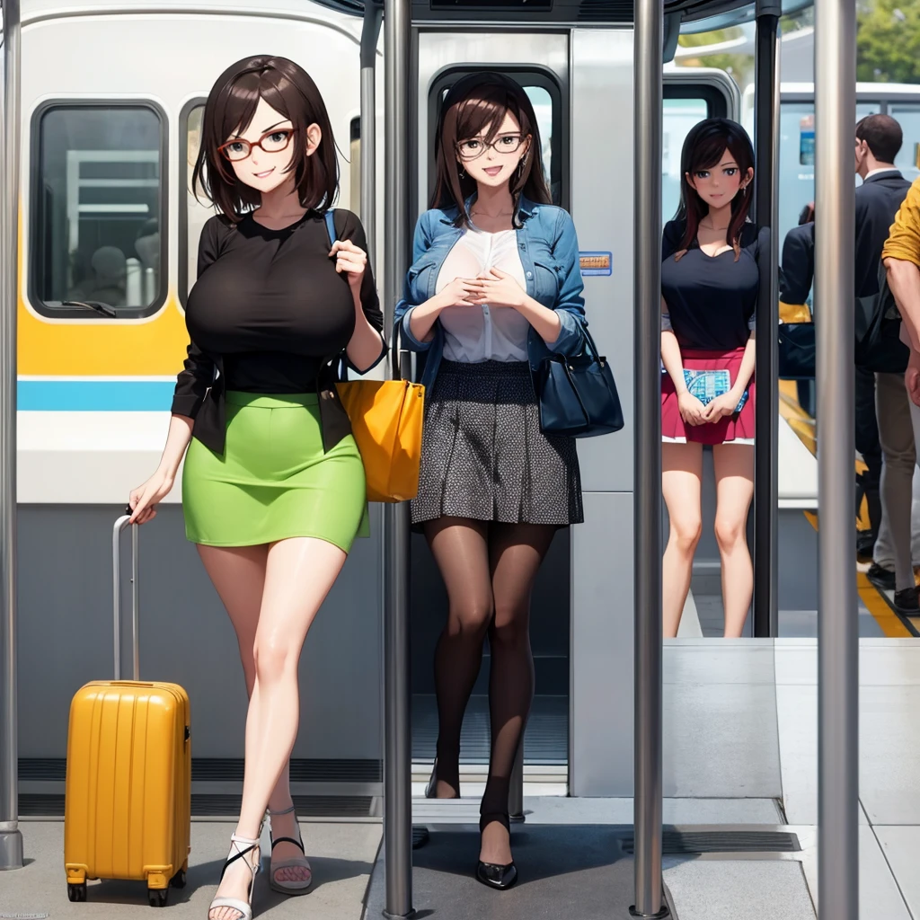 Your influencer character(sexy milf boobs) with long, dark hair travelling on a metro rail. She is dressed in short skirt. and has a joyful expression on her face. colourful and bright colouring. 