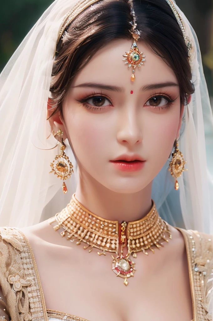 Beautiful face, Indian bride, intense makeup, skin texture, hyper detailed, cleavage
