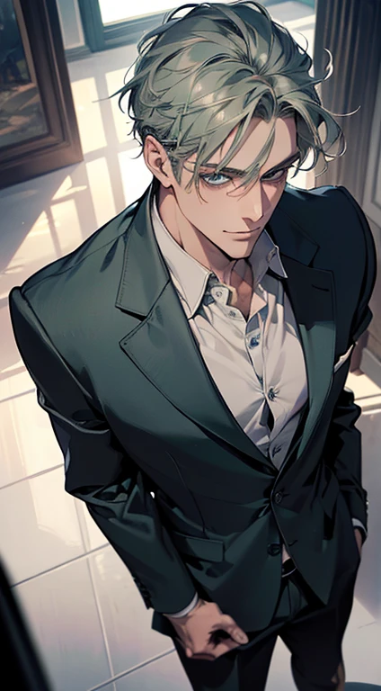 (best quality, masterpiece, 8K, photorealistic, cinematic lighting, 1:4 hdr image, top view, ultra detailed, beautiful image), a mature man, very handsome, short grey green hair, blue eyes, perfect face without errors , ((buttoning his jacket, CEO)), expression smile in love.