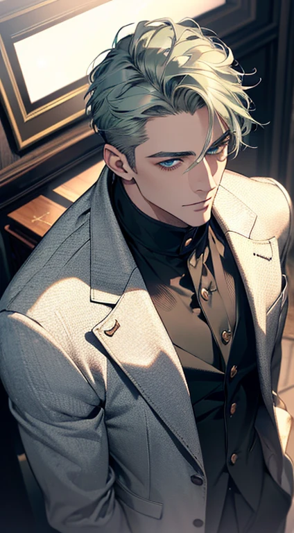 (best quality, masterpiece, 8K, photorealistic, cinematic lighting, 1:4 hdr image, top view, ultra detailed, beautiful image), a mature man, very handsome, short grey green hair, blue eyes, perfect face without errors , ((buttoning his jacket, CEO)), expression smile in love.