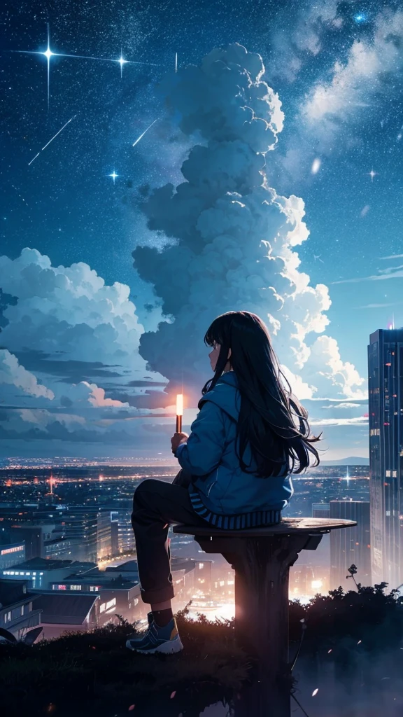 octans, sky, star (sky), scenery, starry sky, night, 1girl, night sky, solo, outdoors, building, cloud, milky way, sitting, tree, long hair, city, silhouette, cityscape