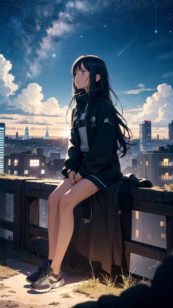 octans, sky, star (sky), scenery, starry sky, night, 1girl, night sky, solo, outdoors, building, cloud, milky way, sitting, tree, long hair, city, silhouette, cityscape