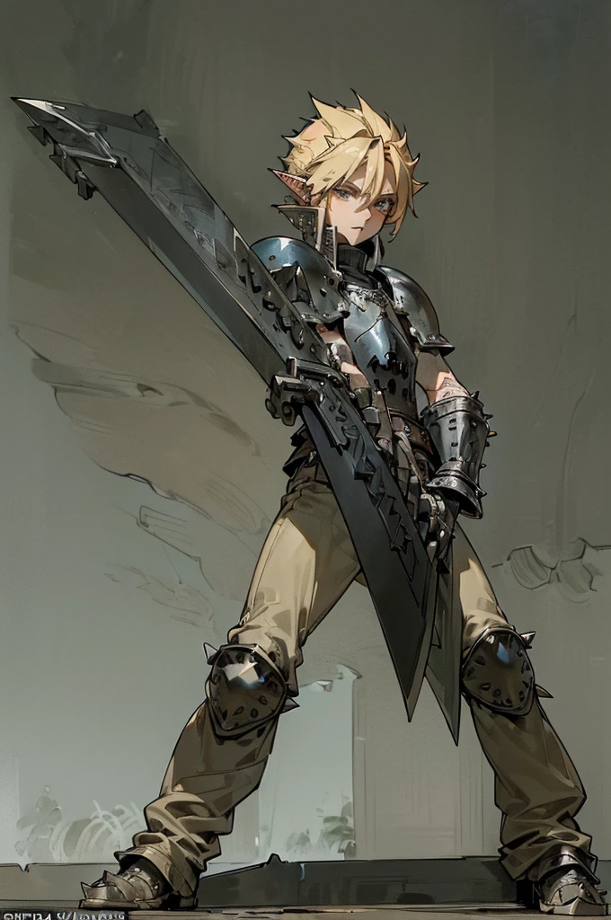 (((Masterpiece of the highest quality.))), (((medieval fantasy))), (((Extreme details))), ((medieval fantasy swordsman)), ((based on cloud strife)), (medieval punk), ((fantasy great sword)) (((ultra detailed))), (((male))), ((Alone)) ((male elf)), ((A 25 year old elf.))), (175 cm tall), ((blonde hair with spikes)), ((short spiky hair)), ((Brown eyes)), ((Exquisite and detailed face)), ((detailed expressive eyes)), ((standing)), ((Perfect eyes)), ((perfect your hands)), ((euphoric expression)), ((medieval half steel half black letter armor)), ((holding a huge greatsword in his right hand)), ((detailed great sword)), (((4k))), ((Additional quality)), (Additional details), ((exquisite eyes)), ((standing battle stance)), ((Background of the battle)), ((cinematic lighting)), (((full body character))), ((extreme care to detail)), ((movie effects)), (war zone background)