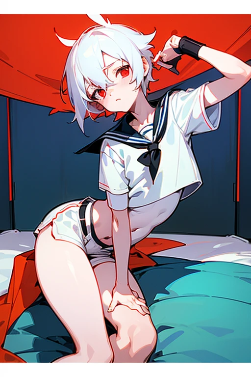1 boy, shota, femboy, short, white hair, pale skin, shorts, White sailor t-shirt, red eyes, doppel docu stile, Thick sexy thighs, penis bulge between the legs, sexy, blank expression , (cartoon-style bold line work:1.2), vibrant colors, cel shading, inside a room, bed