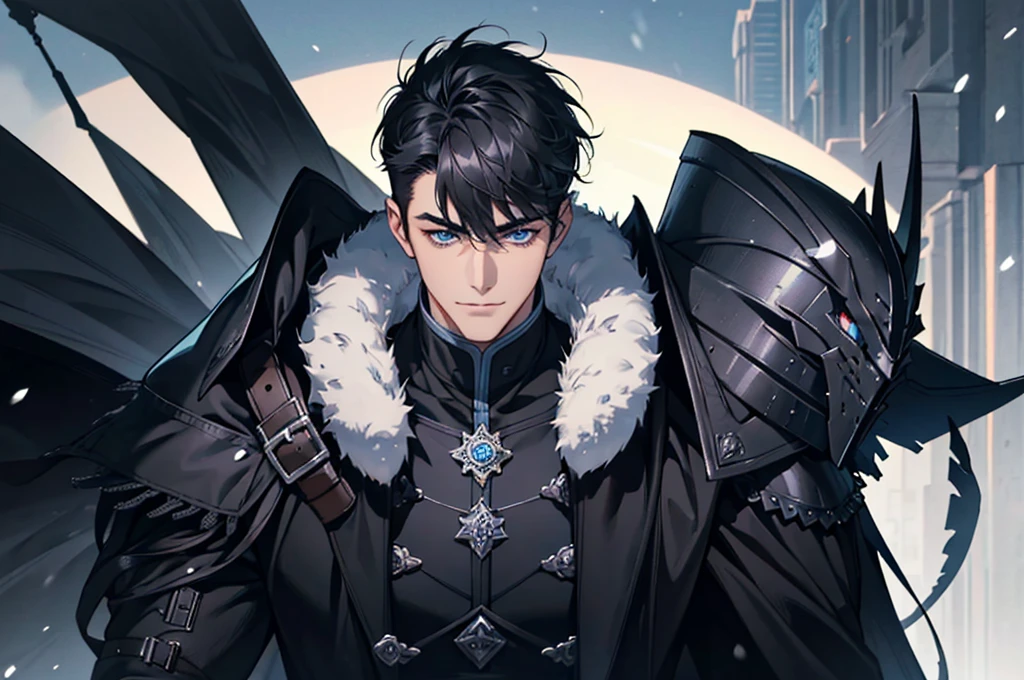 Masterpiece, Highest quality, Heavy snow, Cold Weather, realistic, 1 person,  man, A quiet and charming young man, 30 years old, smile, gag, Portrait, Highly detailed face, 寒さとsmile, ((blue eyes)), ((black short hair)), [Thick eyebrows], battlefield, ((black long coat)), ((all black)), (blue eyes) ,Short Black Quiff Hair with Soft Fringe, handsome , muscle, Facial expressions, Black Knight Armor (Plain black armor) , black fur shawl(Masterpiece,best quality,special, (Broad shoulders)) (muscle), male focus, Hand Held Weapons (Crescent repeater),Lipo,Fang Tian Hua Ji, Face gigantic and terrifying monsters.. Describe the man&#39;s appearance., Details of his repeater, Characteristics and characteristics of monsters, and convey the tension and power of the encounter..