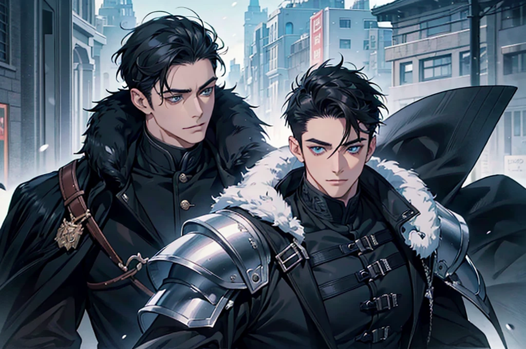 Masterpiece, Highest quality, Heavy snow, Cold Weather, realistic, 1 person, mature man, A quiet and charming young man, 30 years old, smile, gag, Portrait, Highly detailed face, 寒さとsmile, ((blue eyes)), ((black short hair)), [Thick eyebrows], battlefield, ((black long coat)), ((all black)), (blue eyes) ,Short Black Quiff Hair with Soft Fringe, handsome , muscle, Facial expressions, Black Knight Armor (Plain black armor) , black fur shawl(Masterpiece,best quality,special, (Broad shoulders)) (muscle), male focus, Hand Held Weapons (Crescent repeater),Lipo,Fang Tian Hua Ji, Face gigantic and terrifying monsters.. Describe the man&#39;s appearance., Details of his repeater, Characteristics and characteristics of monsters, and convey the tension and power of the encounter..