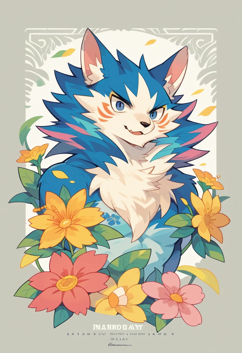 top quality, best quality, poster, rzminjourney, vector-art, High-quality illustrations by Alfons Mucha, masterpiece(kemono, furry anthro)logo mark, round, colorful ink splash flower,