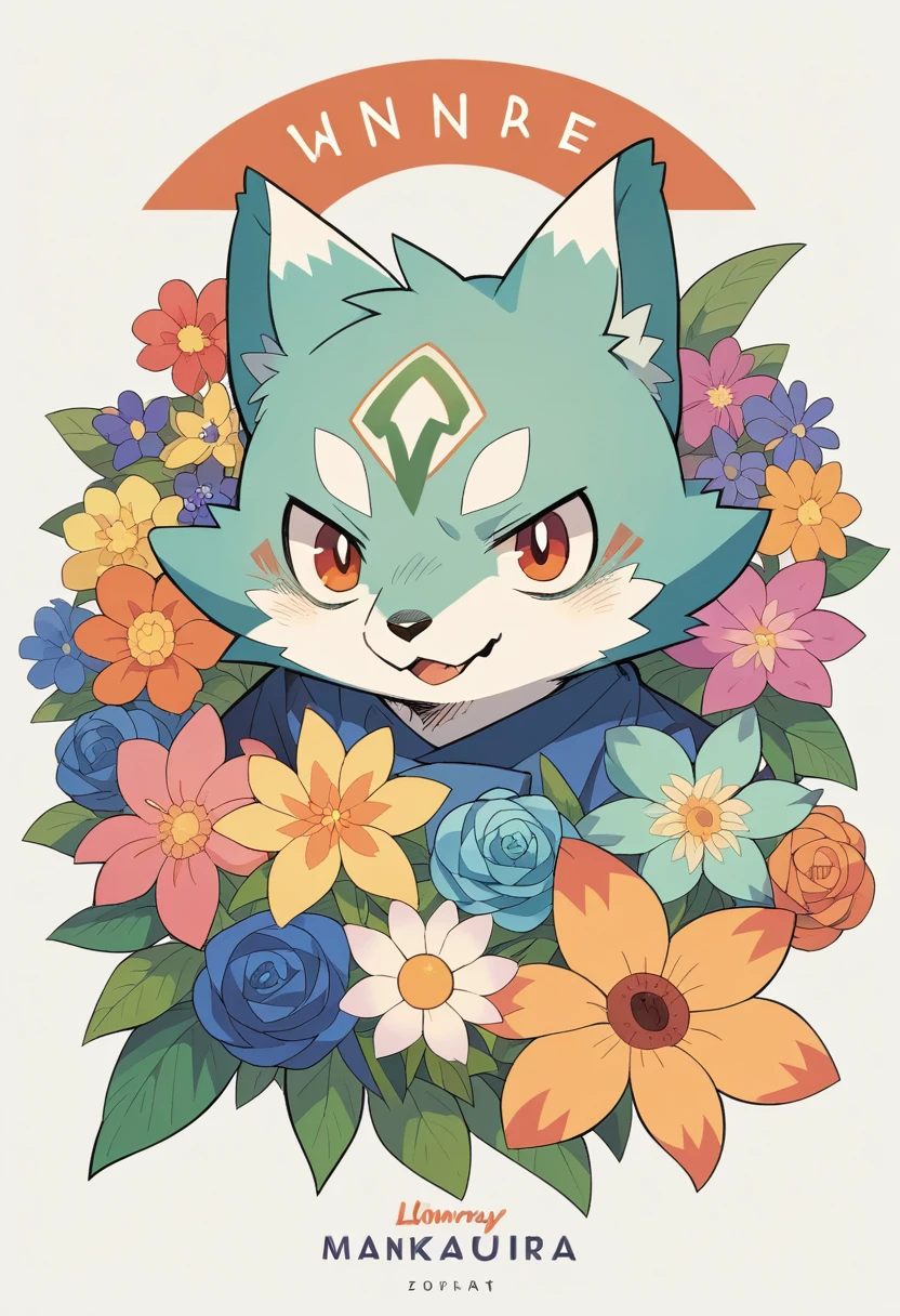 top quality, best quality, poster, rzminjourney, vector-art, High-quality illustrations by Alfons Mucha, masterpiece(kemono, furry anthro)logo mark, round, colorful ink splash flower,