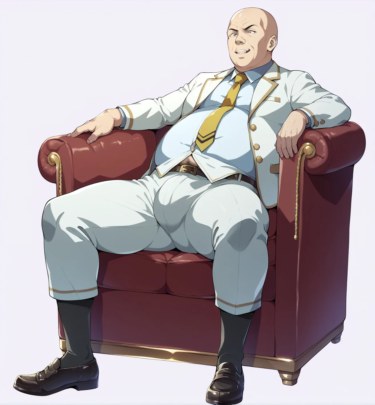Ultra-detailed illustrations、Ultra-precise expression、masterpiece、Highest quality、ultra High resolution、High resolution、Hiromitsu Takeda Style、White background、Simple Background、sit、whole body、Luxurious sofa、Bulging crotch、Big crotch、White Suit、Black socks、One fat old man、Bald Head、No Face、solo、Leather shoes、White jacket、Gold tie、((Extra thick penis、Huge penis))、erection、