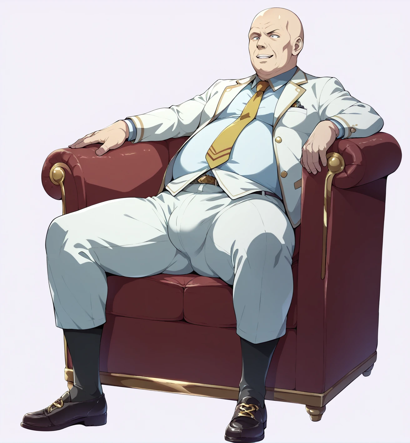 Ultra-detailed illustrations、Ultra-precise expression、masterpiece、Highest quality、ultra High resolution、High resolution、Hiromitsu Takeda Style、White background、Simple Background、sit、whole body、Luxurious sofa、Bulging crotch、Big crotch、White Suit、Black socks、One fat old man、Bald Head、No Face、solo、Leather shoes、White jacket、Gold tie、((Extra thick penis、Huge penis))、erection、