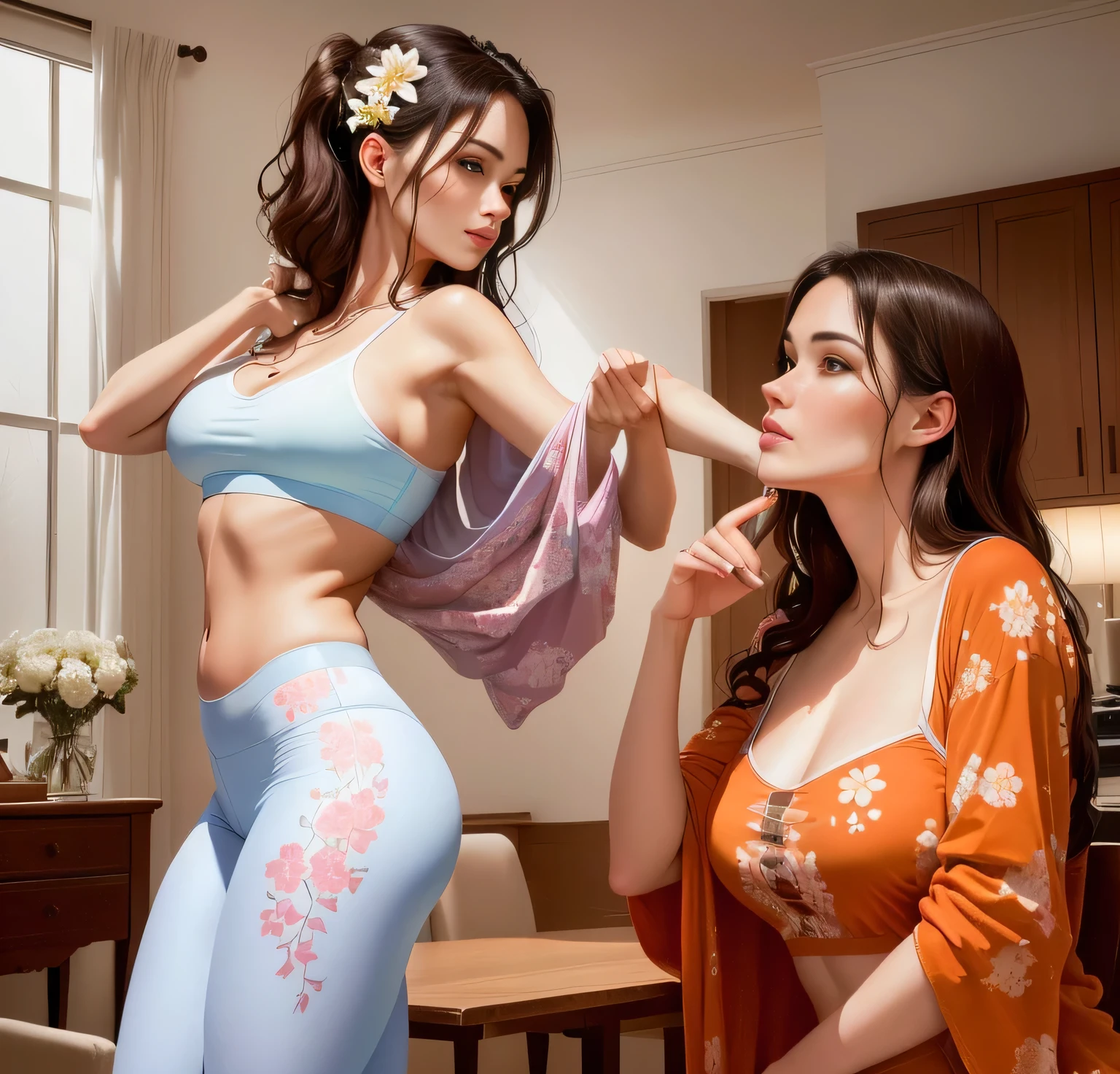 In a cozy living room, a woman stands with her back to us, wearing a pink sports bra and blue leggings adorned with a floral print. She is feeding a white dog with her hand, which is raised in anticipation of the treat. side photo, side pose, side portrait, full body view, full body photo, wearing glasses, looking from the side, side profile photo, looking from the side!, rear view, side view, side photo, full body photo , side. The living room is furnished with wooden chairs and a dining table, creating an inviting atmosphere.
Woman, ((Masterpiece, best quality)), full body view, detailed skin, highly detailed, cinematic lighting, ultra realistic, dark brown hair, medium hair, portrait, full body view, contrast, close-up, cinematic light, ultra-high resolution, RAW.
Woman with white skin and dark brown hair. She is around 40 years old, 165 cm tall and weighs 56 kg. She has a perfect mouth, a perfect face. Her body exudes glamor and her face is a definition of beauty. Slender body, thin waist. Highly realistic, hyperrealism, very elaborate skin, perfect face. Sharp photo, high resolution, high quality, masterpiece, 16K photo, high contrast, masterpiece
