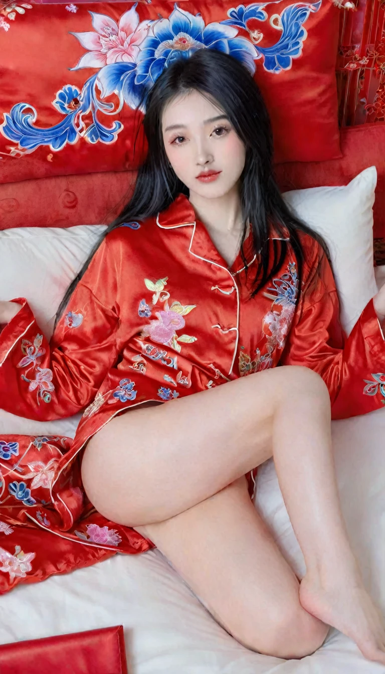 Beautiful old Chinese skinny kung fu girl princess with long black hair Gorgeous embroidery, Ultra glossy, She is wearing shiny red long sleeve floral pajamas.... She is made to lie on a red enamel futon, with the futon over her upper body, her legs spread and her vagina examined.