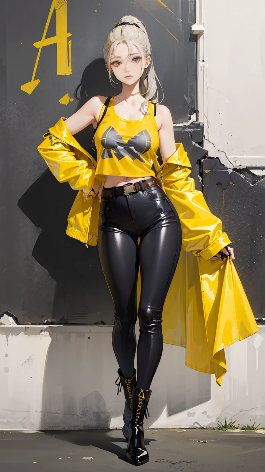 Long, wavy blonde hair styled in loose waves or tied back in a high ponytail.
Eyes: Hidden behind yellow-tinted aviator sunglasses.
Outfit: A grey leather jacket with yellow accents—such as yellow stripes along the arms or a bold yellow patch on the back.
Top: A grey graphic tee or tank top with a minimalist yellow design or logo.
Bottoms: Dark grey ripped jeans or black leather pants with yellow stitching or subtle yellow details.
Footwear: Grey combat boots with yellow laces or detailing.
Accessories: A black leather belt with a yellow buckle, and grey fingerless gloves with yellow trim.
Gear: A grey helmet with a yellow stripe or pattern, either worn or held.