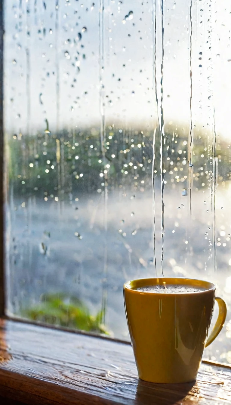 A beautiful seascape picture outside the window，Beautiful coastline，live action style，With romantic aesthetics，Beautiful light and shadow of afternoon sun，Natural Elements，The whole glass window is covered with rain .The fog is so thick that you can’t see the actual scene.Bokeh background outside window.No window frames .Close-up of partial rain on glass.Don’t have a real image in the background.As long as the bokeh effect.You can feel the raindrops flowing on the glass。Rain slides across the glass，Blurred the outside scene，Only the beauty of bokeh is left。This picture makes people feel peaceful、comfortable，It’s like being in a small world sheltered from the wind and rain。Adding a cup of steaming coffee to the window is a poetic image
