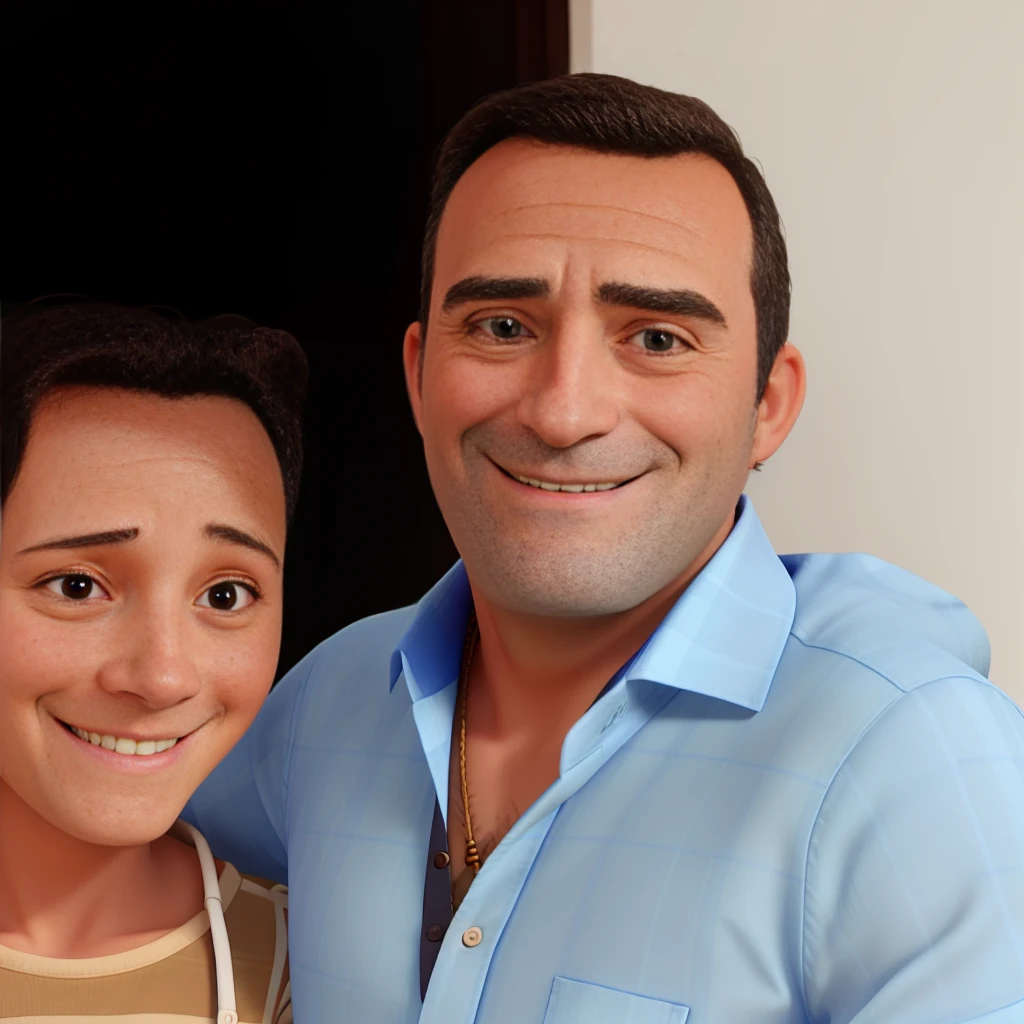 MIDDLE-AGED MAN SMILING IN BLUE BUTTON-UP SHIRT WITH HIS DAUGHTER ON HIS SIDE SMILING