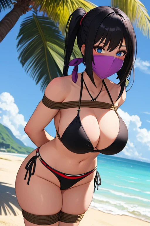 1 girl, detailed blue eyes, lange wimpern, detailed beautiful face, 4k quality, Long twintails, (Long black hair:1.4), (arms behind back:1.3), Red rope, blushing, (Big breasts:1.6), (black bikini, 18 jears old:1.6), OTN, Gag, gagged, shibari, bondage, Standing on a beach, erhobene Augenbrauen, pralle Brüste, Front View of girl, detaillierte nah aufnahmen