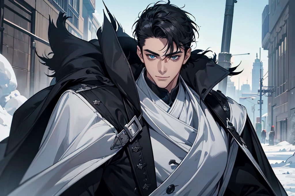 Masterpiece, Highest quality, Heavy snow, Cold Weather, realistic, 1 person, mature man, A quiet and charming young man, 30 years old, smile, gag, Portrait, Highly detailed face, 寒さとsmile, ((blue eyes)), ((black short hair)), [Thick eyebrows], battlefield, ((black long coat)), ((all black)), (blue eyes) ,Short Black Quiff Hair with Soft Fringe, handsome , muscle, Facial expressions, Black Knight Armor (Plain black armor) , black fur shawl(Masterpiece,best quality,special, (Broad shoulders)) (muscle), male focus, Hand Held Weapons (Crescent repeater),Lipo,Fang Tian Hua Ji, Face gigantic and terrifying monsters.. Describe the man&#39;s appearance., Details of his repeater, Characteristics and characteristics of monsters, and convey the tension and power of the encounter..