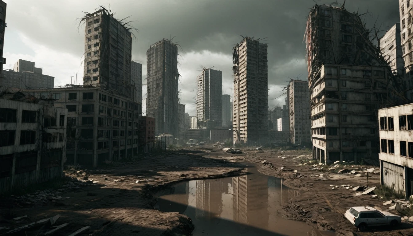 Twisted cityscape, Surrealist, Fiction, large modern city with several tall buildings. The whole city seems to be twisted and ravaged. The ground is distorted and forms several zones between several blocks of buildings. Several tall buildings are ripped open. Some zones are raised in height others are lowered. The majority of buildings are destroyed and in ruins, the streets are partly destroyed and some areas are flooded. Crevices and chasms formed between several buildings creating fragments of land. There are several holes in the roads like in the buildings. The place seems deserted. Several large pieces of land with several tall buildings on it are over-raised. Several large pieces with several tall buildings on them are driven into the ground. [Ruins] [Modern City] [Urban Landscape] [Destruction] [High Building] [Abandoned] [Overview] [Crevasses] [Chasm] [Fragments of Overgrown Land] [Fragments of Land Descended] [Apocalyptic] [ High Modern Building Destroyed] [Twisted Landscape] [Fiction] [Lowers lands and Uppers lands] [Areas driven into the ground] [Areas raised above the ground] [ Several areas with high buildings sunk into the ground] [Several areas with large buildings raised above the ground] [Several tall buildings are ripped open] [Several large pieces of land with several tall buildings on it are over-raised] [Several large pieces with several tall buildings on them are driven into the ground] [Krimson City The Evil Within]