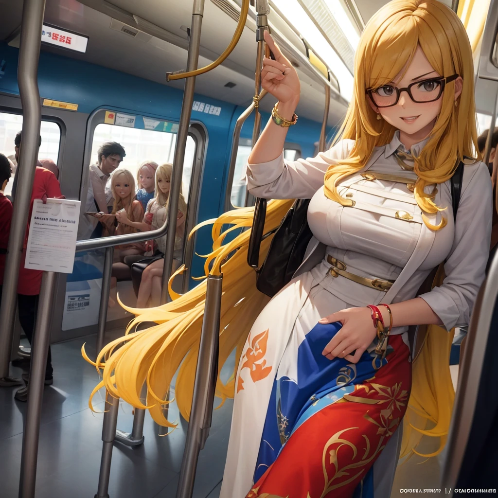 Your influencer character(sexy milf boobs) with long, blond hair, asian face cutting, travelling on a metro rail. She is dressed in a casual mannar dress with glasses and has a joyful expression on her face. colourful and bright colouring. 