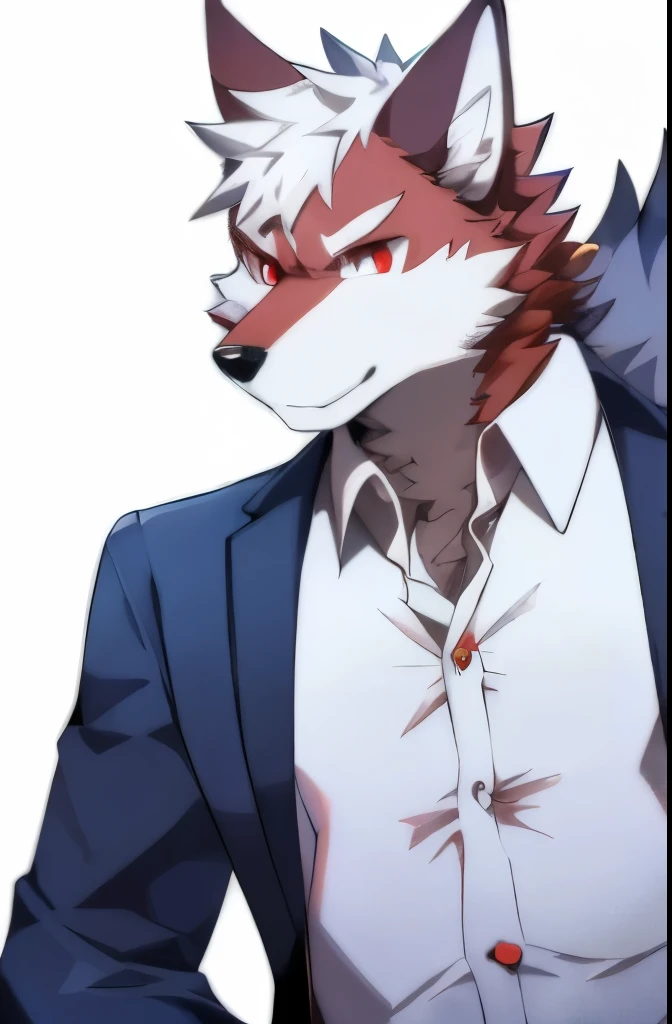 masterpiece, best quality,high detail, 1 man, Japanese animation, Wolf beastman with white and red fur, full-tailed, red eyes,suit,short sleeved shirt, tall,body is fascinating,white short hair covering one eye,