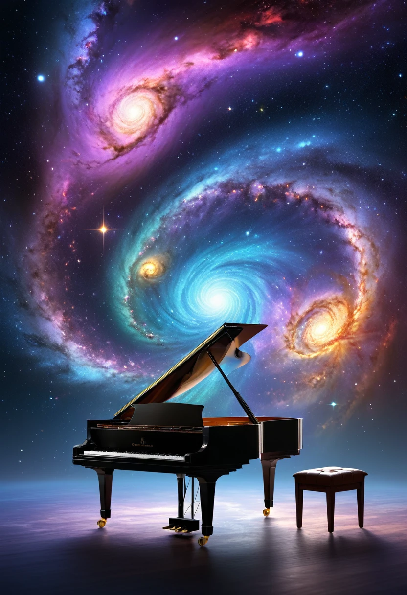 a piano, a cello, a violin, mathematics, 1 universe, intricate details, complex composition, dramatic lighting, vibrant colors, ethereal, surreal, cinematic, masterpiece, (best quality,4k,8k,highres,masterpiece:1.2),ultra-detailed,(realistic,photorealistic,photo-realistic:1.37),detailed musical instruments,elegant and graceful poses,dramatic shadows and highlights,glowing energy field,swirling galaxies and nebulae,complex mathematical formulas and diagrams