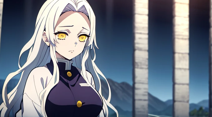 Masterpiece, Best Quality, young woman、breasts、 Kimetsu no Yaiba style、uniform hashira、 wearing haori、hair white、long hair、white hair、indifferent、 yellow eyes、 yellow light eyes、pretty、 background Kimetsu no Yaiba、Mountain、 lights、 look elsewhere、 coldly、