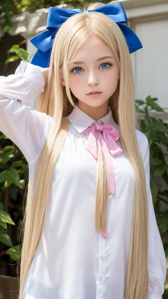 a girl with long blonde hair and blue eyes wearing a white blouse with a pink bow