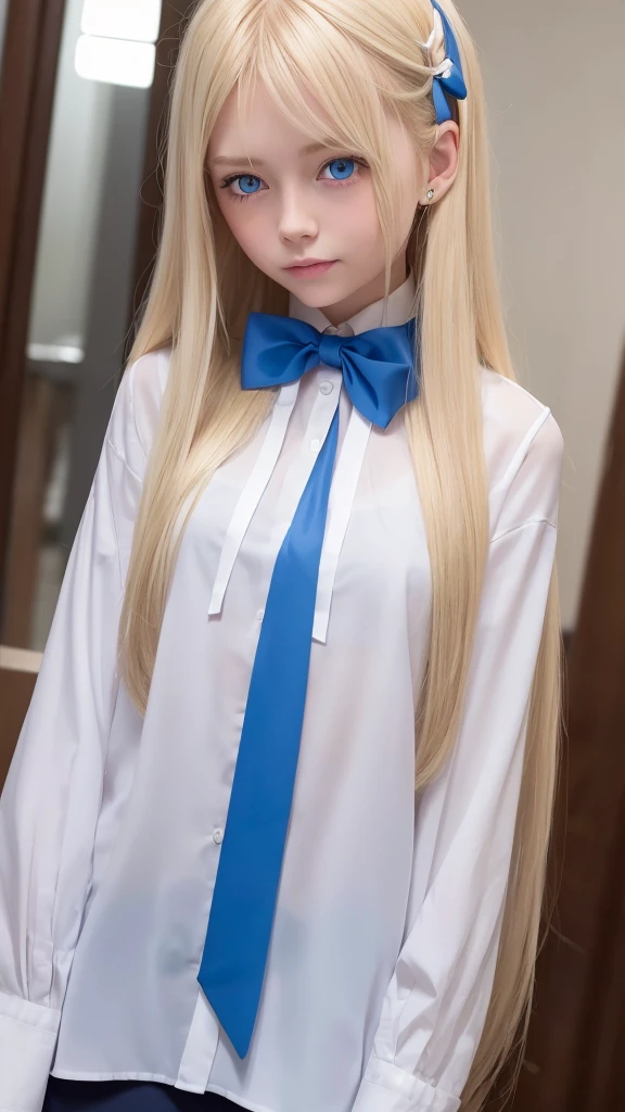 a girl with long blonde hair and blue eyes wearing a white blouse with a pink bow