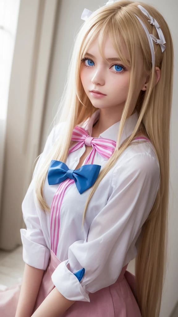 a girl with long blonde hair and blue eyes wearing a white blouse with a pink bow