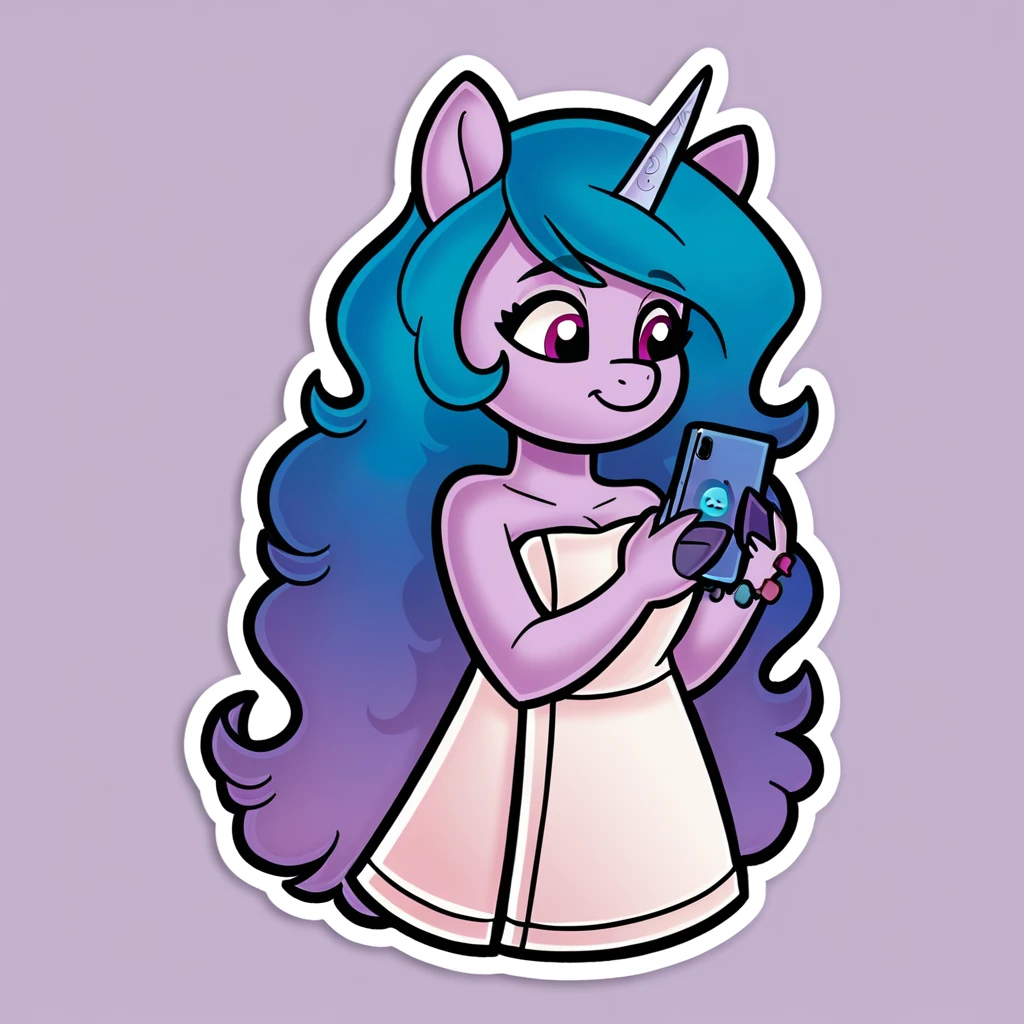 score_9_presence, score_8_up, Izzy Moonbow, unicorn, mlp, G5, wrapped in towel, medium breasts, holding phone