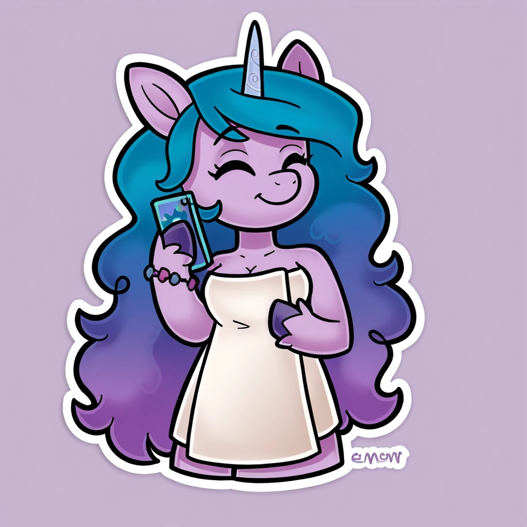 score_9_presence, score_8_up, Izzy Moonbow, unicorn, mlp, G5, wrapped in towel, medium breasts, holding phone