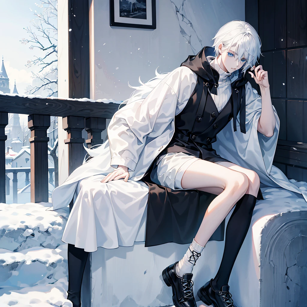 Modern style, A young male with long snow-white hair, blue eyes, and fair skin, wearing a black hood, black thigh-high shorts, white socks that go past the ankles, and black shoes with white laces.