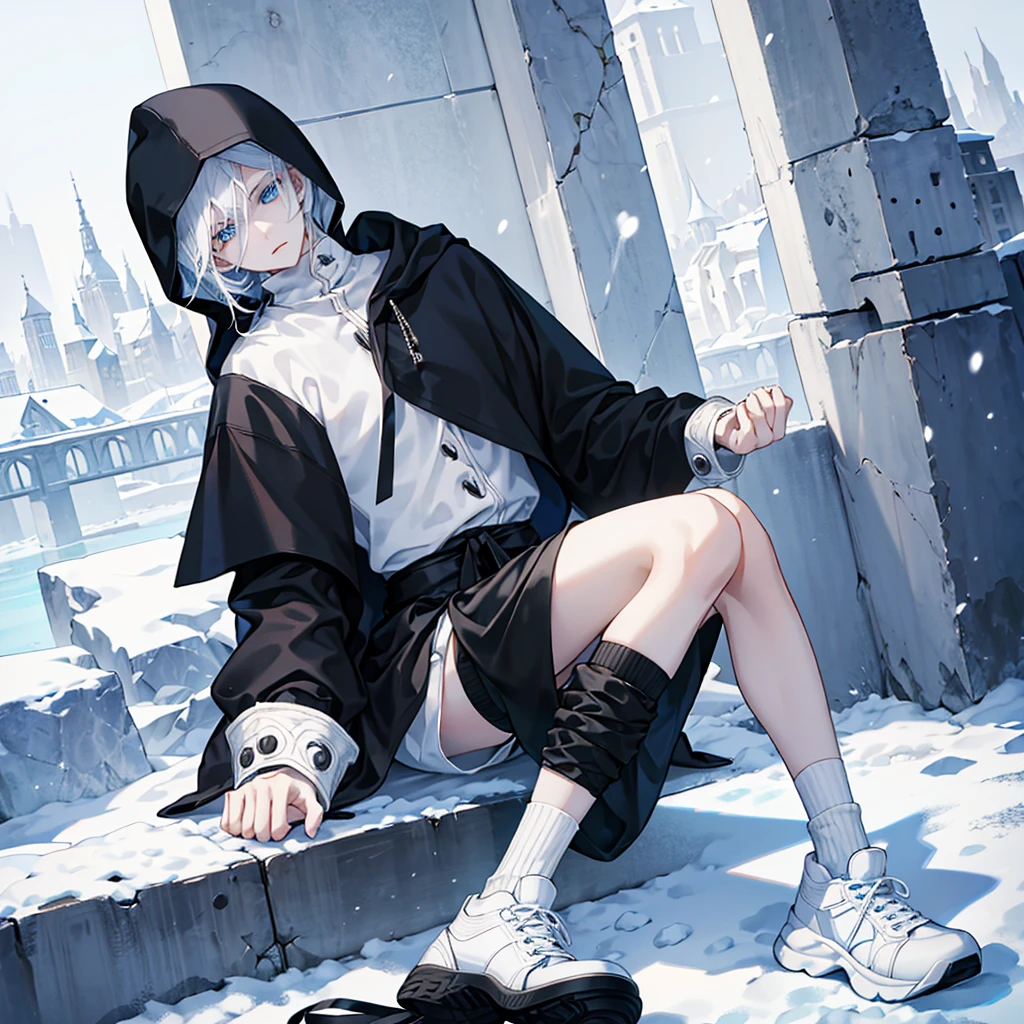 Modern style, A young male with long snow-white hair, blue eyes, and fair skin, wearing a black hood, black thigh-high shorts, white socks that go past the ankles, and black shoes with white laces.