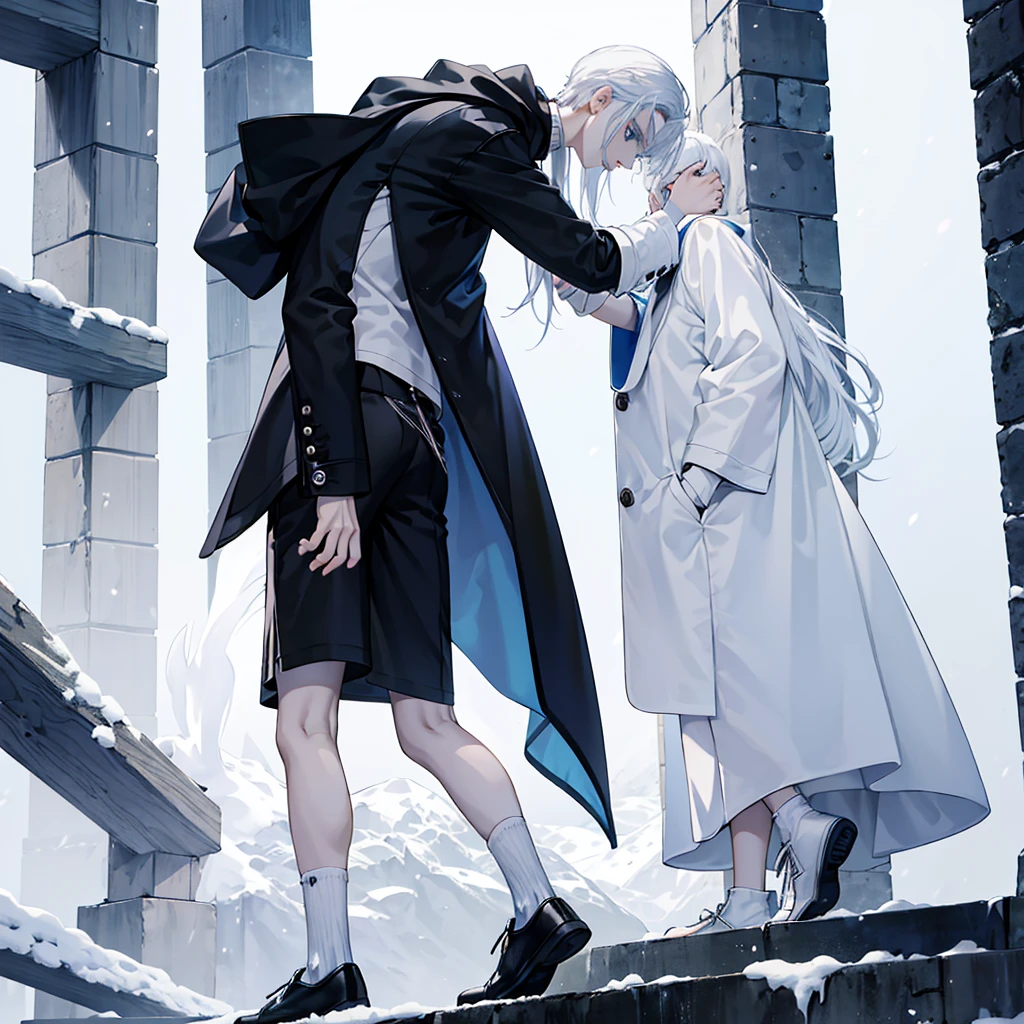 Modern style, A young male with long snow-white hair, blue eyes, and fair skin, wearing a black hood, black thigh-high shorts, white socks that go past the ankles, and black shoes with white laces.