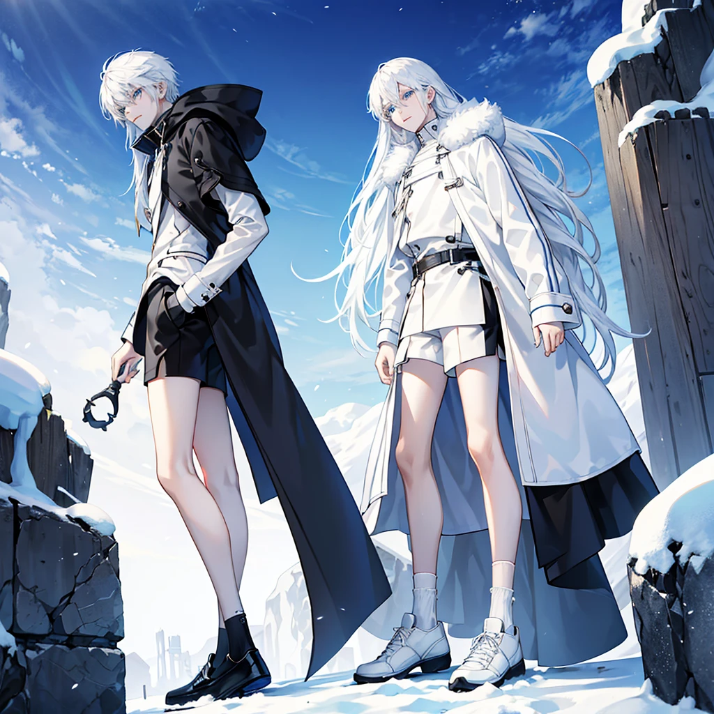 Modern style, A young male with long snow-white hair, blue eyes, and fair skin, wearing a black hood, black thigh-high shorts, white socks that go past the ankles, and black shoes with white laces.
