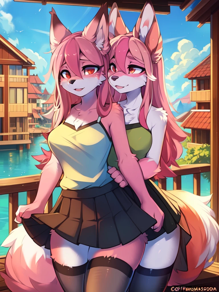 from Kenketa, Ross Tran, Ruan Jia, mumps, Foxovh, от zackary911, от Hyattlen, on a terrace, by Fumiko, от Pixelsketcher, by Bayard Wu, Thomas Benjamin Kennington, from Einshelm, from Kilina, by Coffeesoda, from Hyoshiru, from down-kevlar, от r-mk, by Dimwitdog, fluffy, Nazuna_hiwatasi, antro, Female, One, standing, mocking look, (half-closed eyes), pink hair, pink tail, (white for girls, blues skirt, high stockings), (Red eyes), olhos para trás, (enormes breasts, hips), (Fox), (hands segurando a saia), (pink body, two-tone fur),