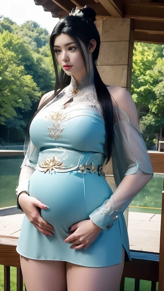 Random outdoor image of 20yo pregnant womanin sheer corset bodysuit masterpiece, (photorealistic:1.4), best quality, beautiful lighting,Eleanor Mexico latino girl 20yo Old Big Breasts Plus Size Model Bun lHair Bun Hair Hair Lifts Skirt Up Raised Skirt, wearing random Sexy sheer corset bodysuit outfit. She is pregnant, pantyhose, pussy visible, Cameltoe clearly visible