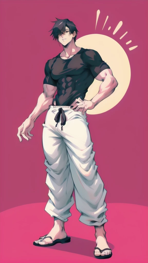 full body in image, masculine pose, unique hair, full man, casual black t shirt, white harem pants, male body, slender body, short hair, full body, hot body, sexy male body, dinamic pose. detalied pose, body, simple background, expressive face, focus on face, line art, sketch
