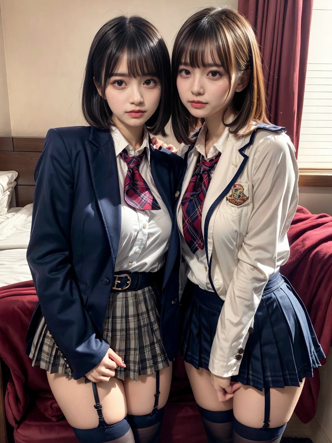(8K, Raw photography, top-quality, ​masterpiece:1.2), master piece, best quality, illustration, Super detailed, fine details, High resolution, 8K,wall paper, perfect dynamic composition,(Details High quality, realistic depiction of eyes:1.3), ((2 girls, 2 schoolgirls)), The background is a luxury hotel room、High school girl uniform、blazer 、Super Short Check Uniform Skirt、Navy blue high socks、garterbelts、Colossal tits、Disturbed uniform, Play with each other,Touching each other's bodies,Touching the body of the girl next door, short bob hair, black hair color, huge breasts, Big Natural Color Lip, bold sexy pose, (perfect body shape), crying a little、cold gaze,  Beautiful makeup,glitter makeup,Cutest 18 years old, beautiful legs, hposing Gravure Idol, Voluptuous thighs