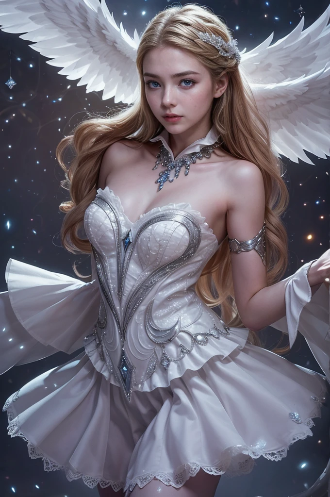 a beautiful young woman, Odette from Mobile Legends, elegant ballet dancer, long flowing white dress, graceful poses, enchanting blue eyes, delicate facial features, flowing silver hair, serene expression, glowing crystalline wings, ethereal and magical atmosphere, intricate fantasy background, shimmering lights, soft pastel colors, cinematic lighting, highly detailed, photorealistic, 8k, masterpiece