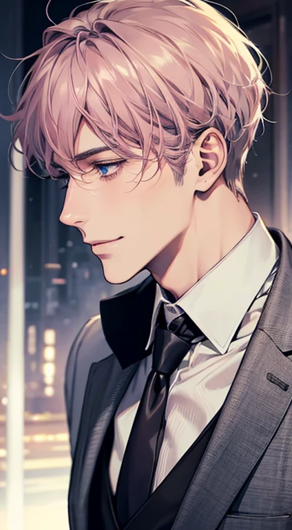 (Highest quality,4K,8K,High resolution,masterpiece:1.2),Super detailed,(Realistic,photoRealistic,photo-Realistic:1.37),1 person,31 years old,Mature Men,Beautiful skin、Profile、very handsome,Expressionless,smile,Short gray pink hair,blue eyes,Sharp Eyes,A perfect face without a doubt,Businessman,Office Background,Cinema Lighting,HDR image,tie、