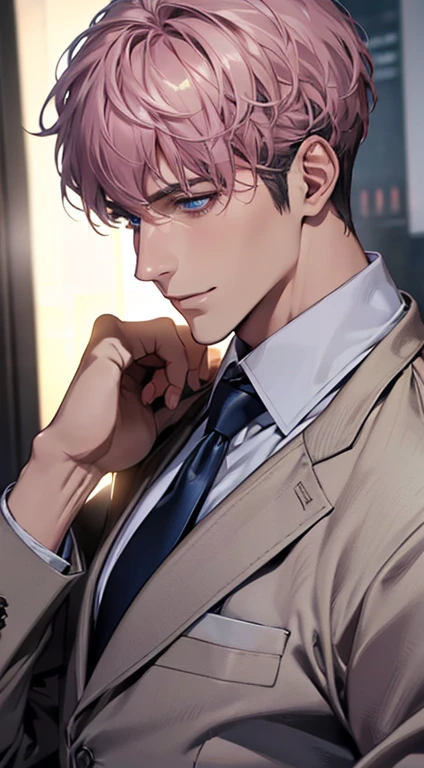 (Highest quality,4K,8K,High resolution,masterpiece:1.2),Super detailed,(Realistic,photoRealistic,photo-Realistic:1.37),1 person,31 years old,Mature Men,Beautiful skin、Profile、very handsome,Expressionless,smile,Short gray pink hair,blue eyes,Sharp Eyes,A perfect face without a doubt,Businessman,Office Background,Cinema Lighting,HDR image,tie、