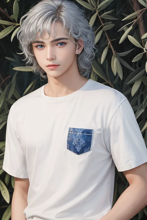((best quality)), ((masterpiece)), (detailed), 1boy with olive skin, wavy silver white hair and sapphire blue eyes(in casual clothing)