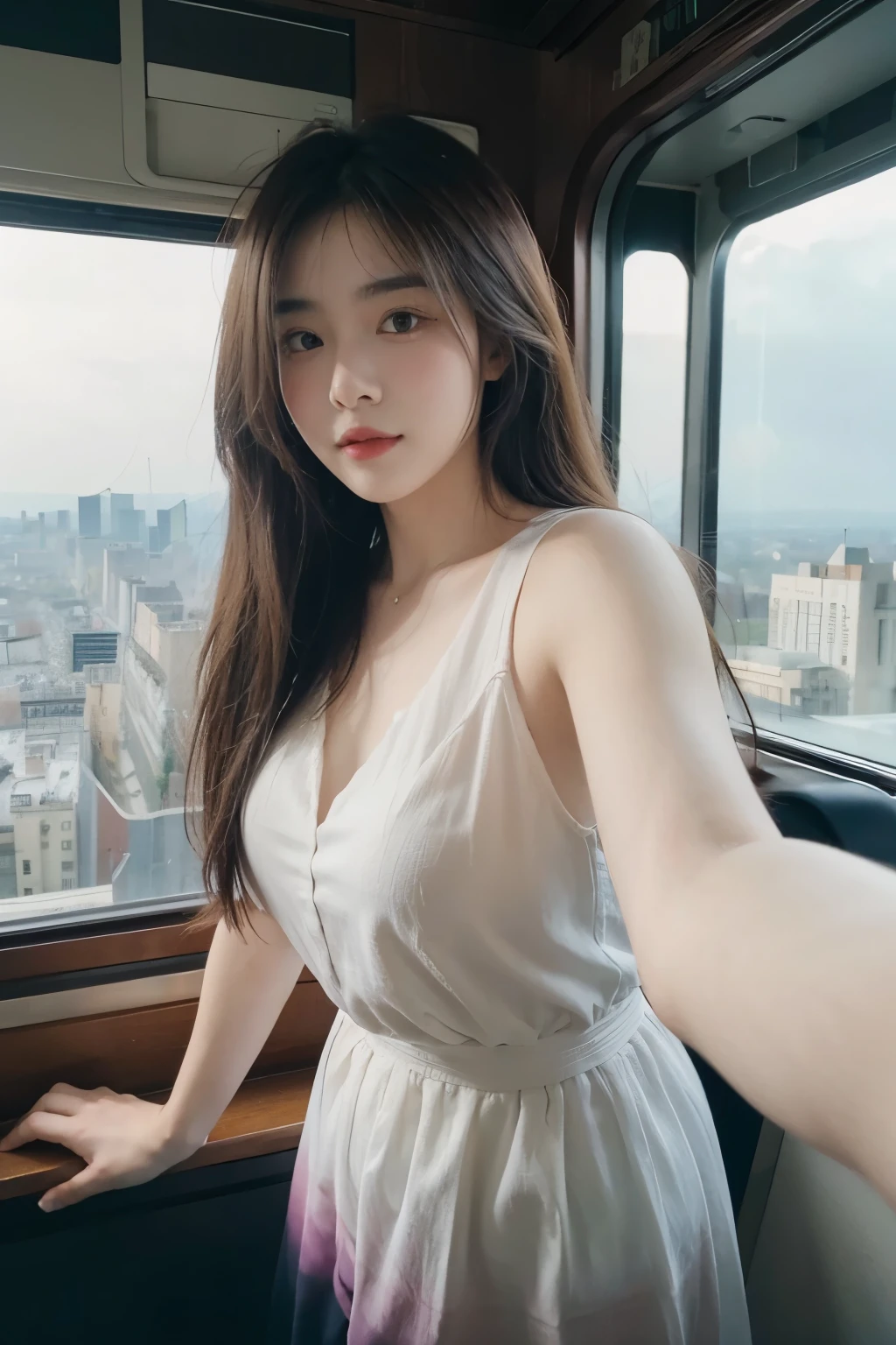 taken with iphone camera selfie BREAK medium shot selfie of a pretty young woman BREAK (ombre:1.3) blonde red BREAK film grain, high quality, on top of Eifel tower, background surroundings blurred but visible