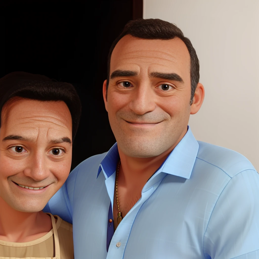 OLD MAN SMILING BLUE BUTTON SHIRT
WITH THE DAUGHTER ON THE SIDE SMILING