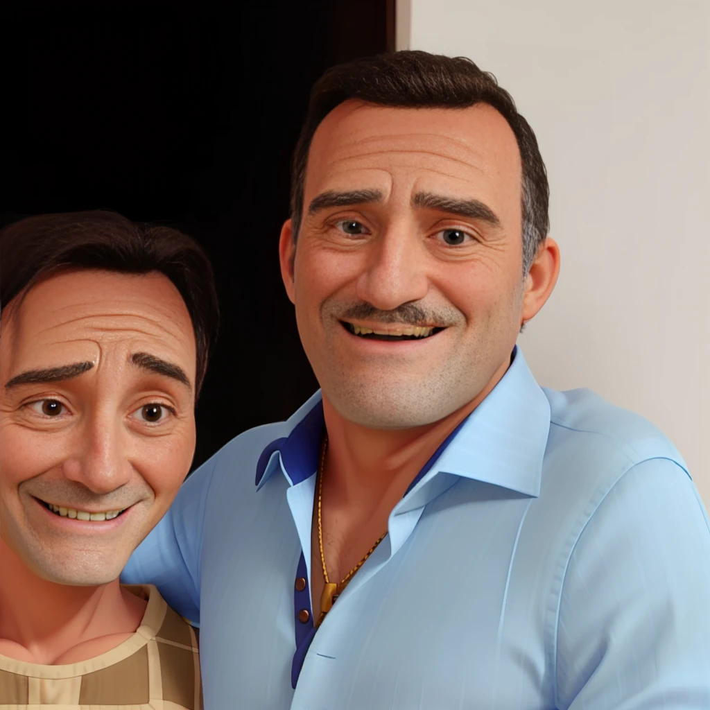 OLD MAN SMILING BLUE BUTTON SHIRT
WITH THE DAUGHTER ON THE SIDE SMILING