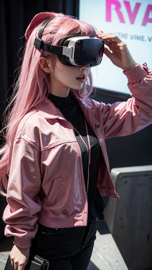 Pink haired girl wearing VR goggles